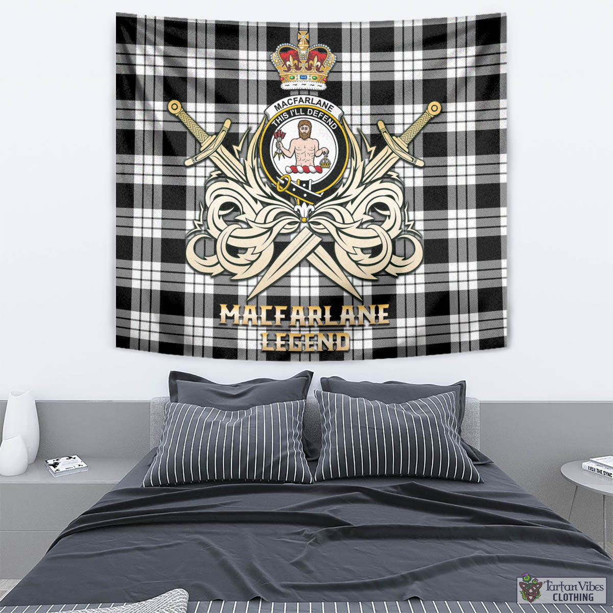 Tartan Vibes Clothing MacFarlane Black White Tartan Tapestry with Clan Crest and the Golden Sword of Courageous Legacy