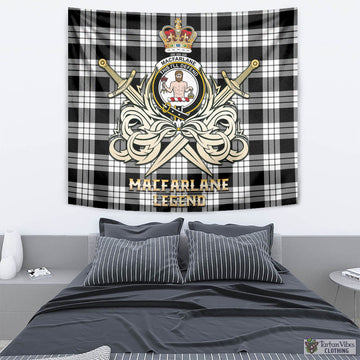 MacFarlane Black White Tartan Tapestry with Clan Crest and the Golden Sword of Courageous Legacy