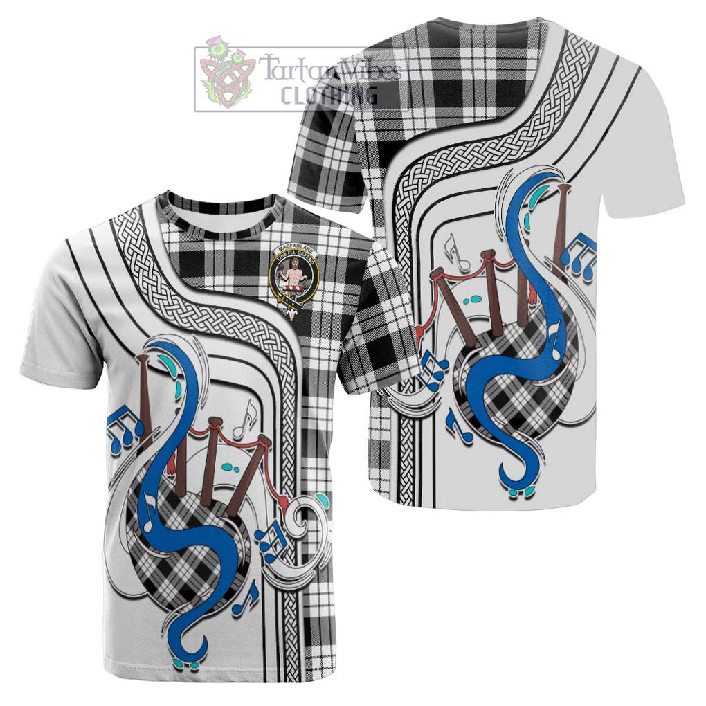 Tartan Vibes Clothing MacFarlane Black White Tartan Cotton T-shirt with Epic Bagpipe Style