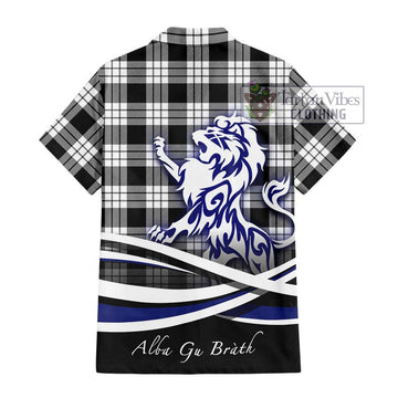 MacFarlane Black White Tartan Short Sleeve Button Shirt with Alba Gu Brath Regal Lion Emblem