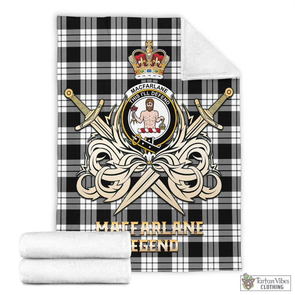 Tartan Vibes Clothing MacFarlane Black White Tartan Blanket with Clan Crest and the Golden Sword of Courageous Legacy