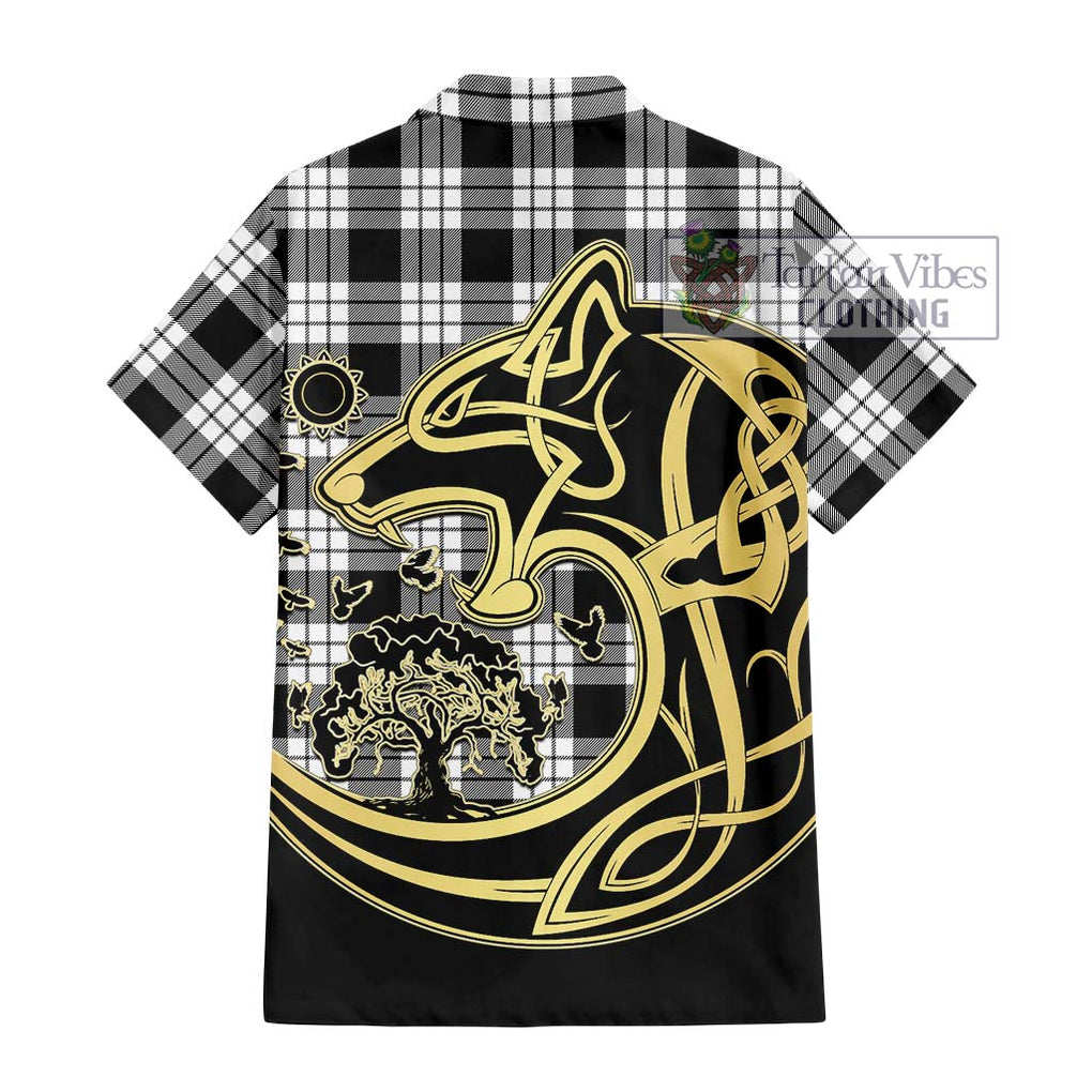 MacFarlane Black White Tartan Short Sleeve Button Shirt with Family Crest Celtic Wolf Style - Tartan Vibes Clothing