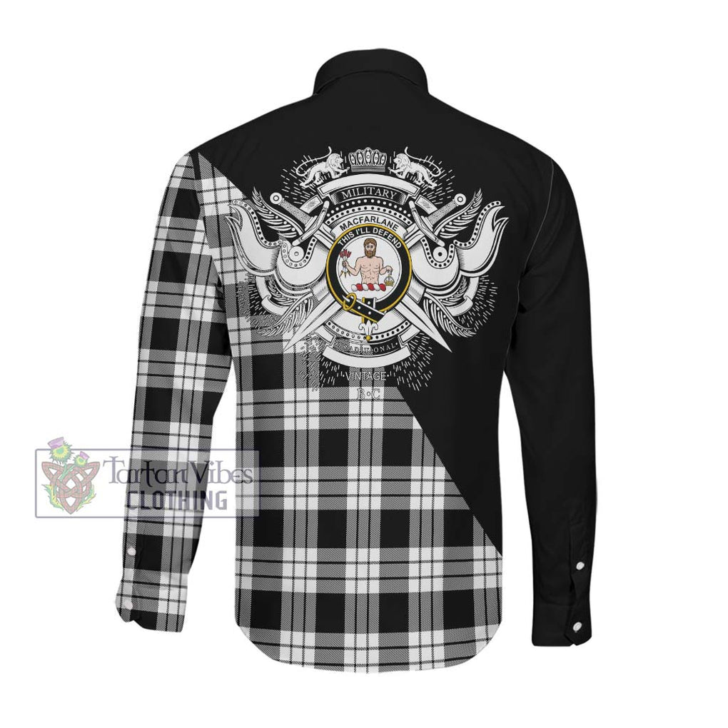 MacFarlane Black White Tartan Long Sleeve Button Shirt with Family Crest and Military Logo Style Men's Shirt - Tartanvibesclothing Shop