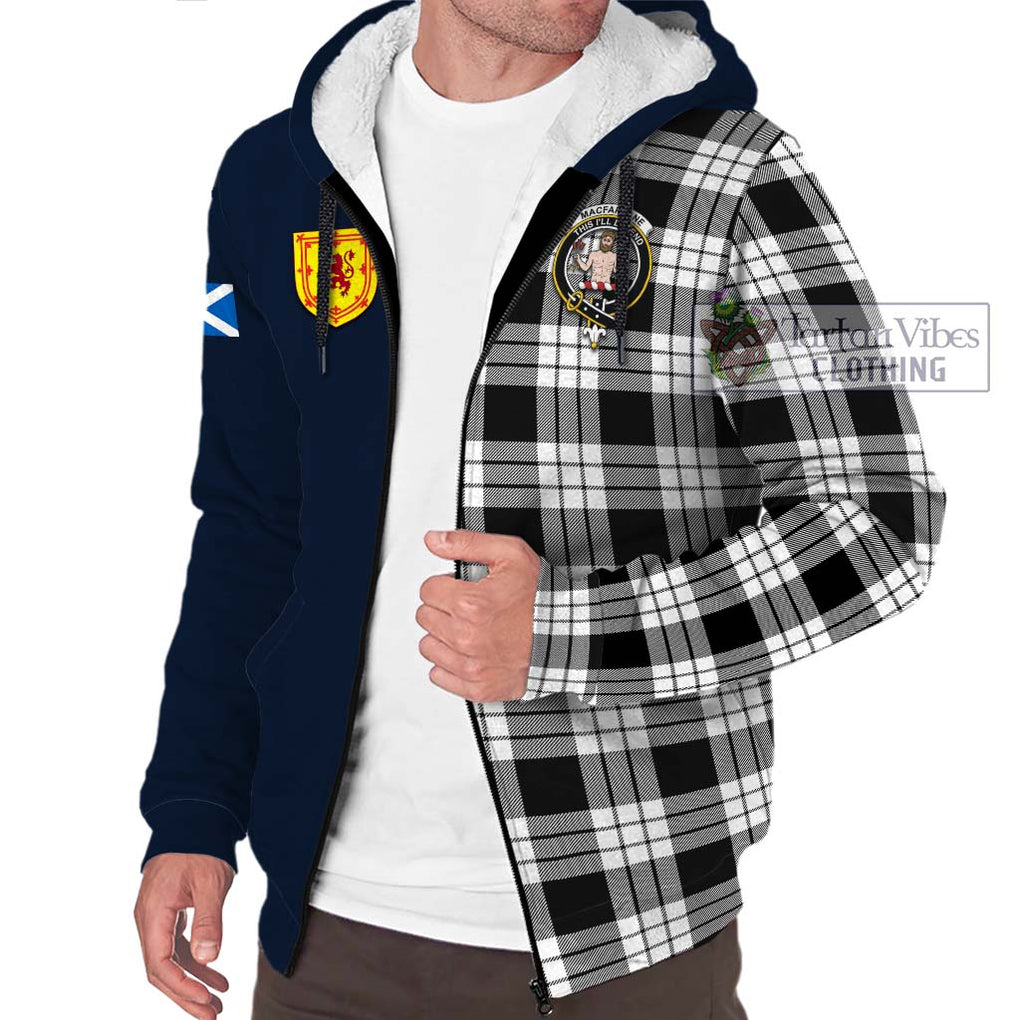 Tartan Vibes Clothing MacFarlane Black White Tartan Sherpa Hoodie with Scottish Lion Royal Arm Half Style