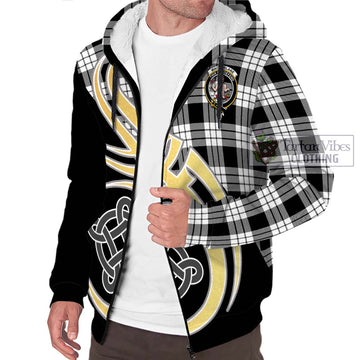 MacFarlane Black White Tartan Sherpa Hoodie with Family Crest and Celtic Symbol Style