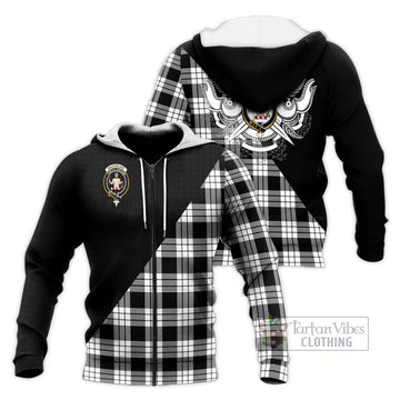 MacFarlane Black White Tartan Knitted Hoodie with Family Crest and Military Logo Style