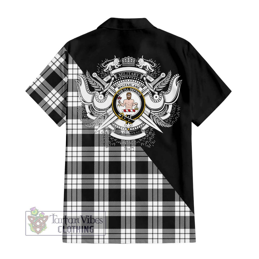 MacFarlane Black White Tartan Short Sleeve Button Shirt with Family Crest and Military Logo Style - Tartanvibesclothing Shop