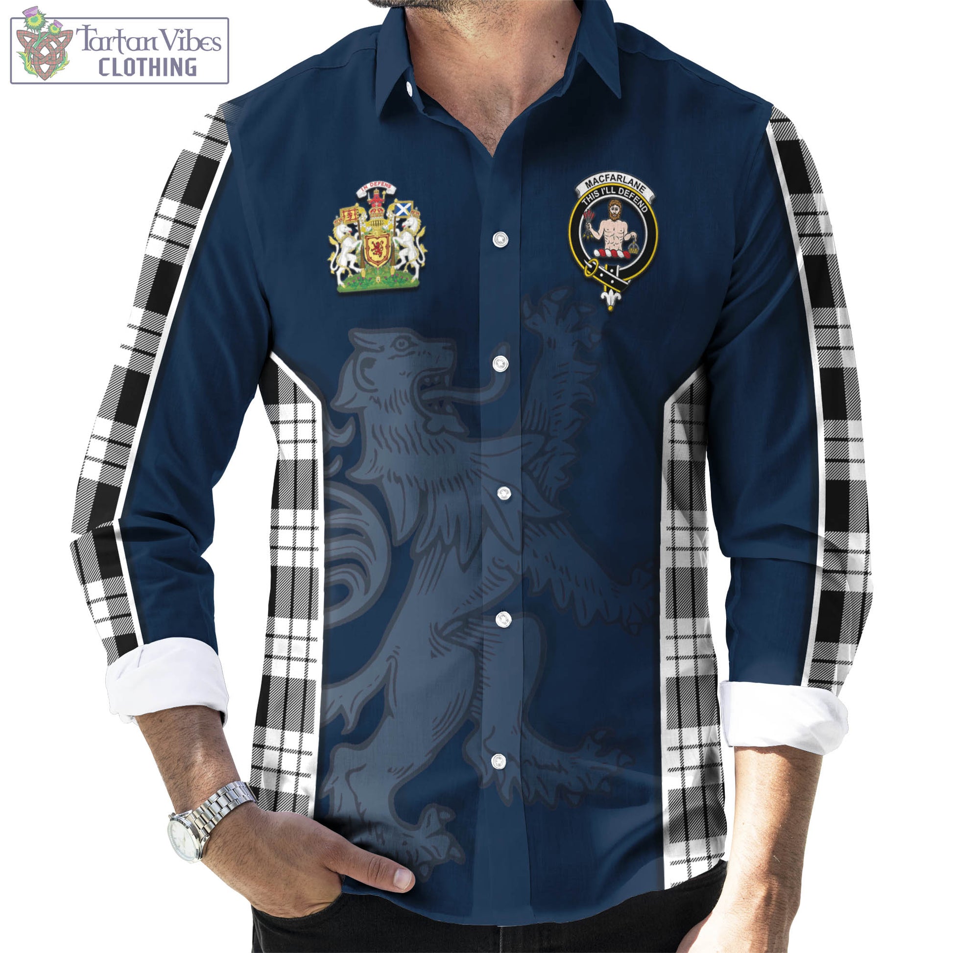 Tartan Vibes Clothing MacFarlane Black White Tartan Long Sleeve Button Up Shirt with Family Crest and Lion Rampant Vibes Sport Style