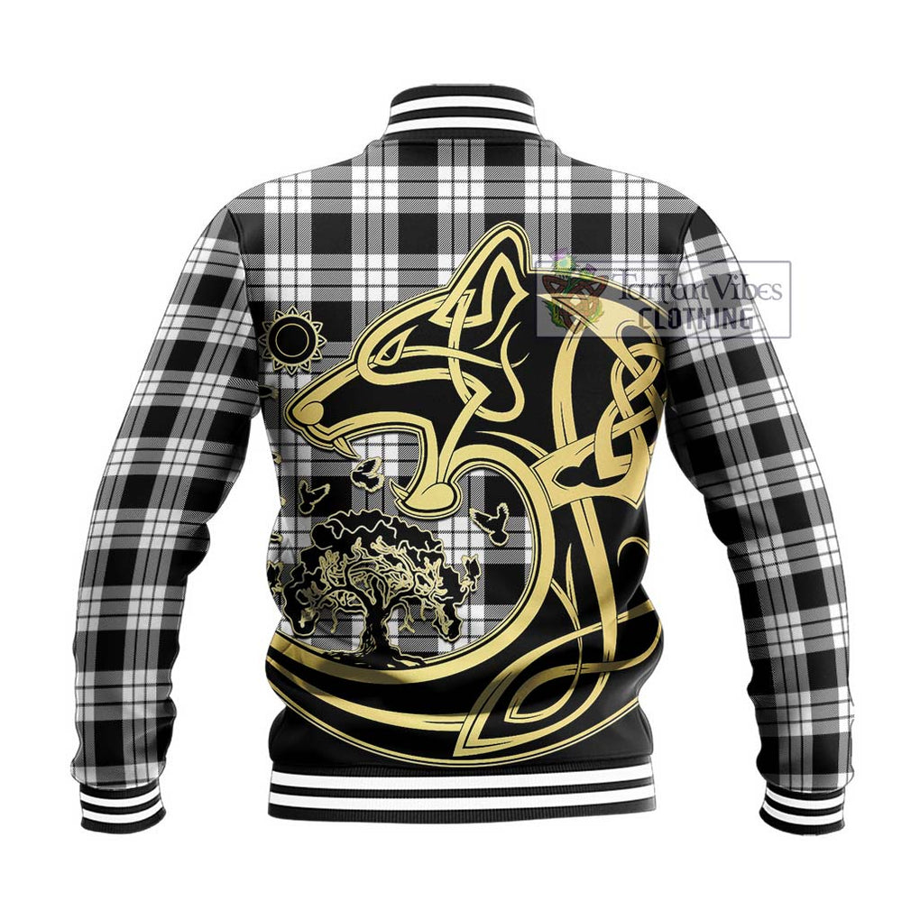 MacFarlane Black White Tartan Baseball Jacket with Family Crest Celtic Wolf Style - Tartan Vibes Clothing