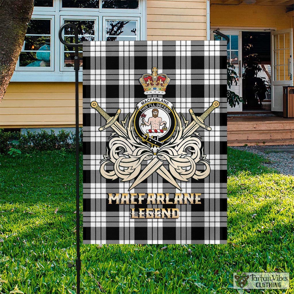 Tartan Vibes Clothing MacFarlane Black White Tartan Flag with Clan Crest and the Golden Sword of Courageous Legacy