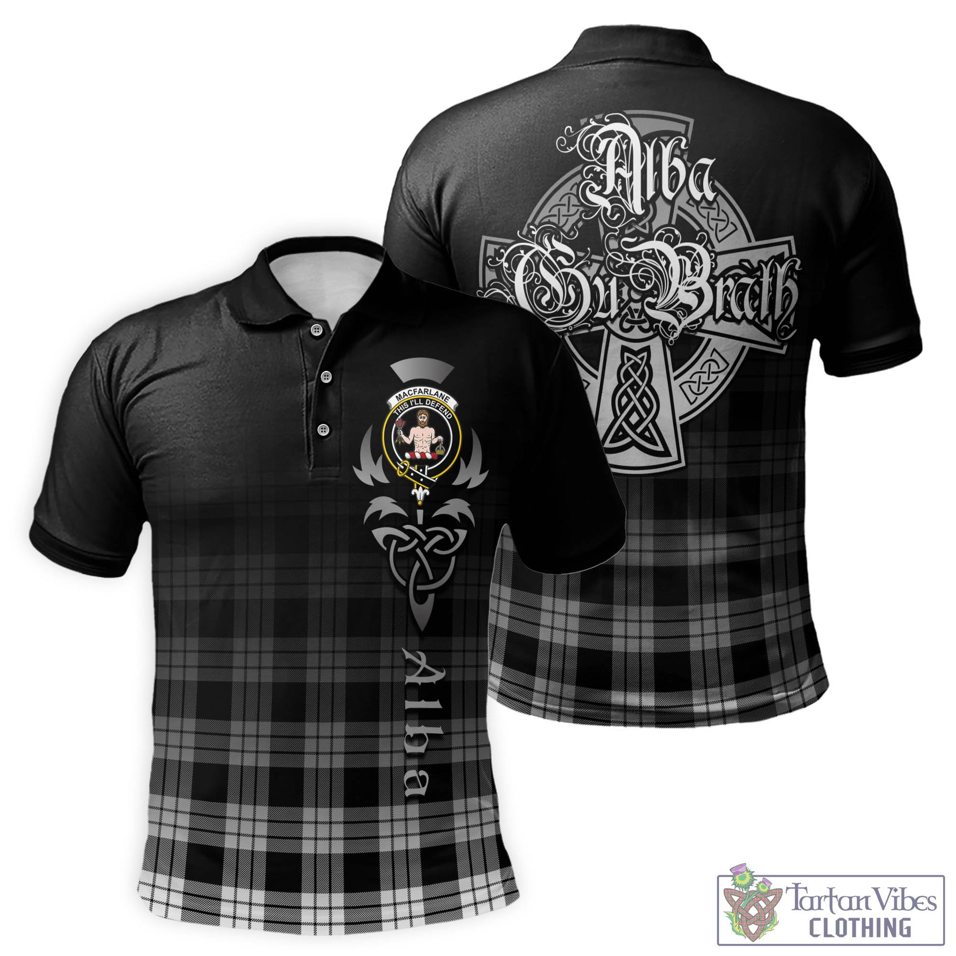 Tartan Vibes Clothing MacFarlane Black White Tartan Polo Shirt Featuring Alba Gu Brath Family Crest Celtic Inspired