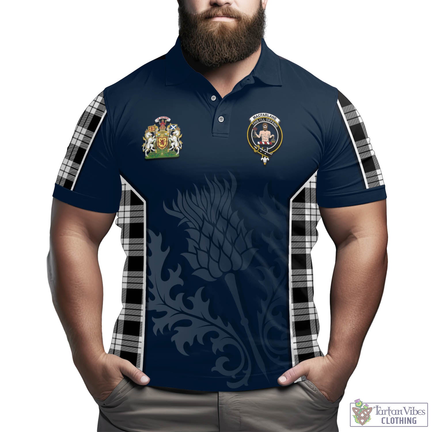 Tartan Vibes Clothing MacFarlane Black White Tartan Men's Polo Shirt with Family Crest and Scottish Thistle Vibes Sport Style