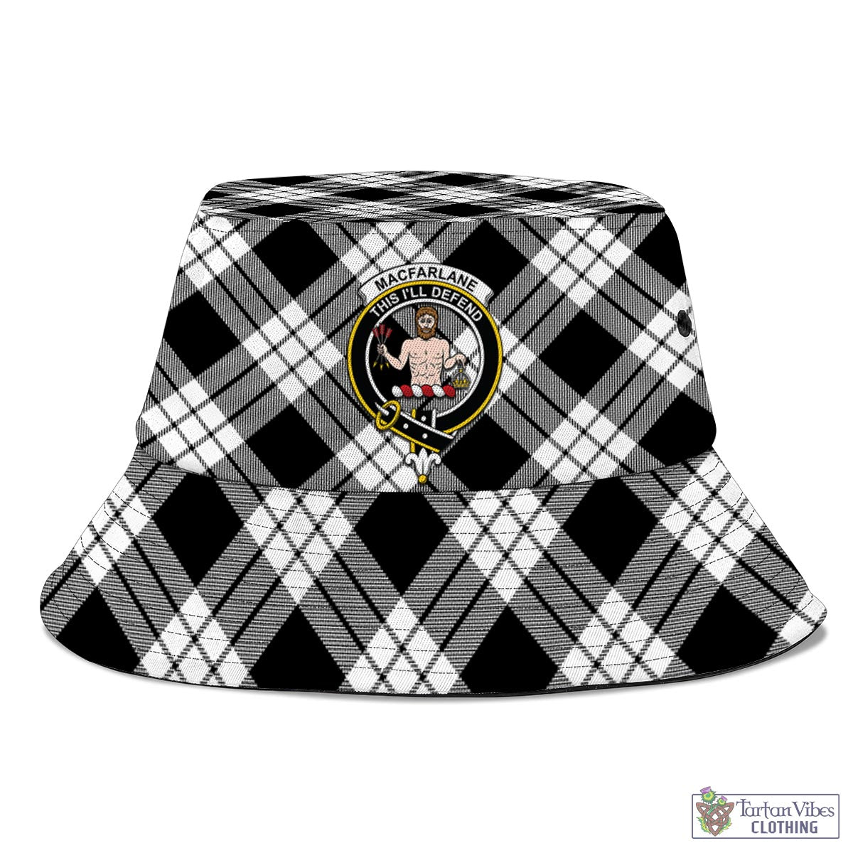 Tartan Vibes Clothing MacFarlane Black White Tartan Bucket Hat with Family Crest