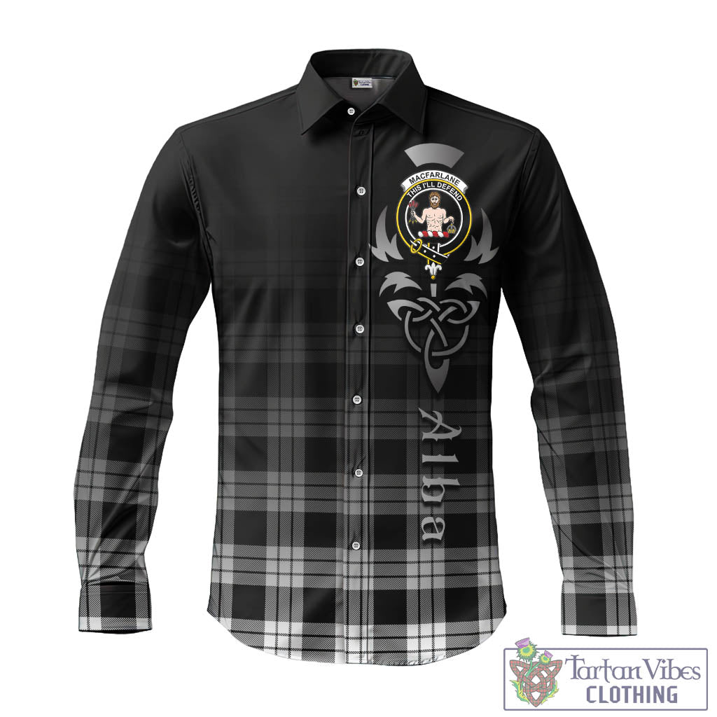 Tartan Vibes Clothing MacFarlane Black White Tartan Long Sleeve Button Up Featuring Alba Gu Brath Family Crest Celtic Inspired