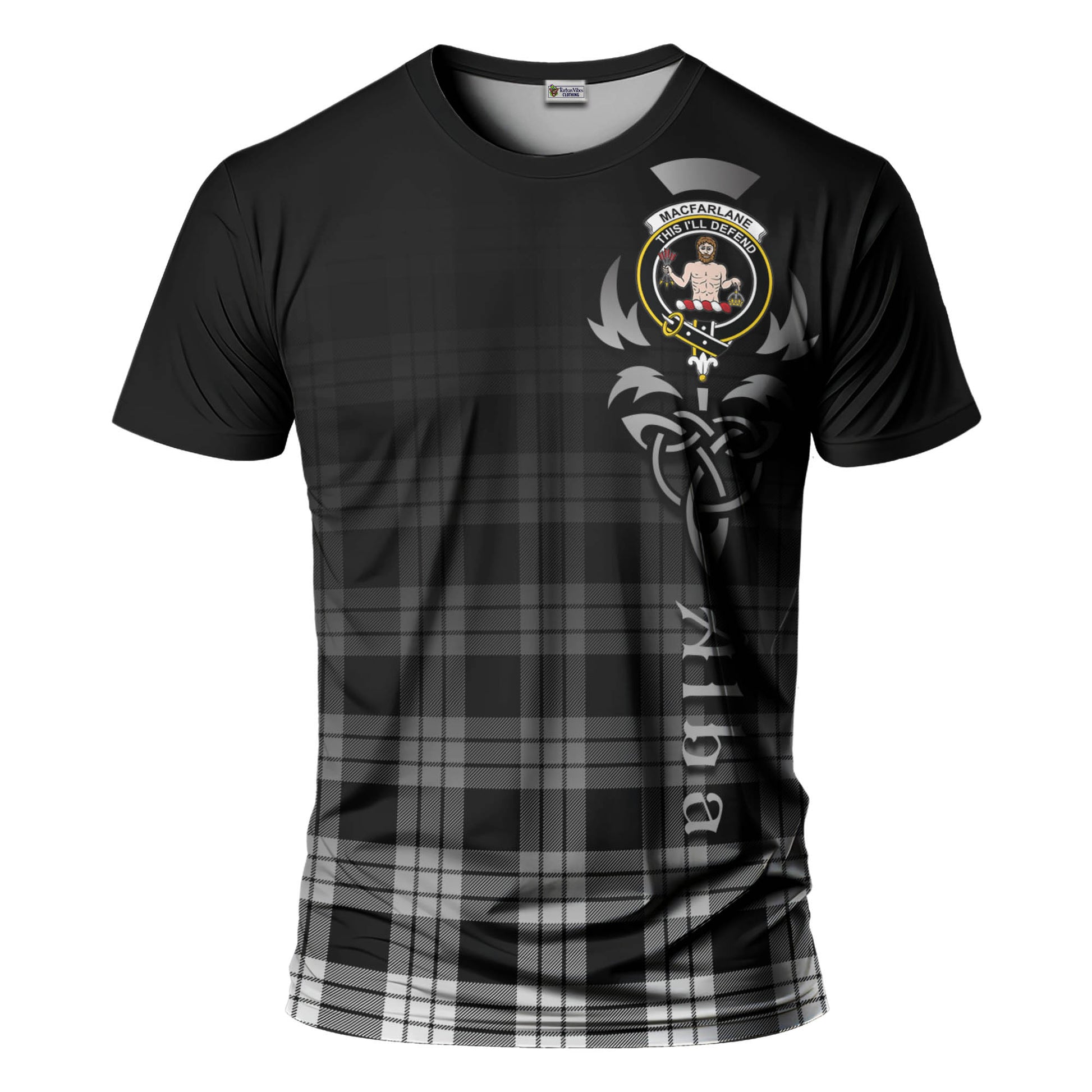 Tartan Vibes Clothing MacFarlane Black White Tartan T-Shirt Featuring Alba Gu Brath Family Crest Celtic Inspired