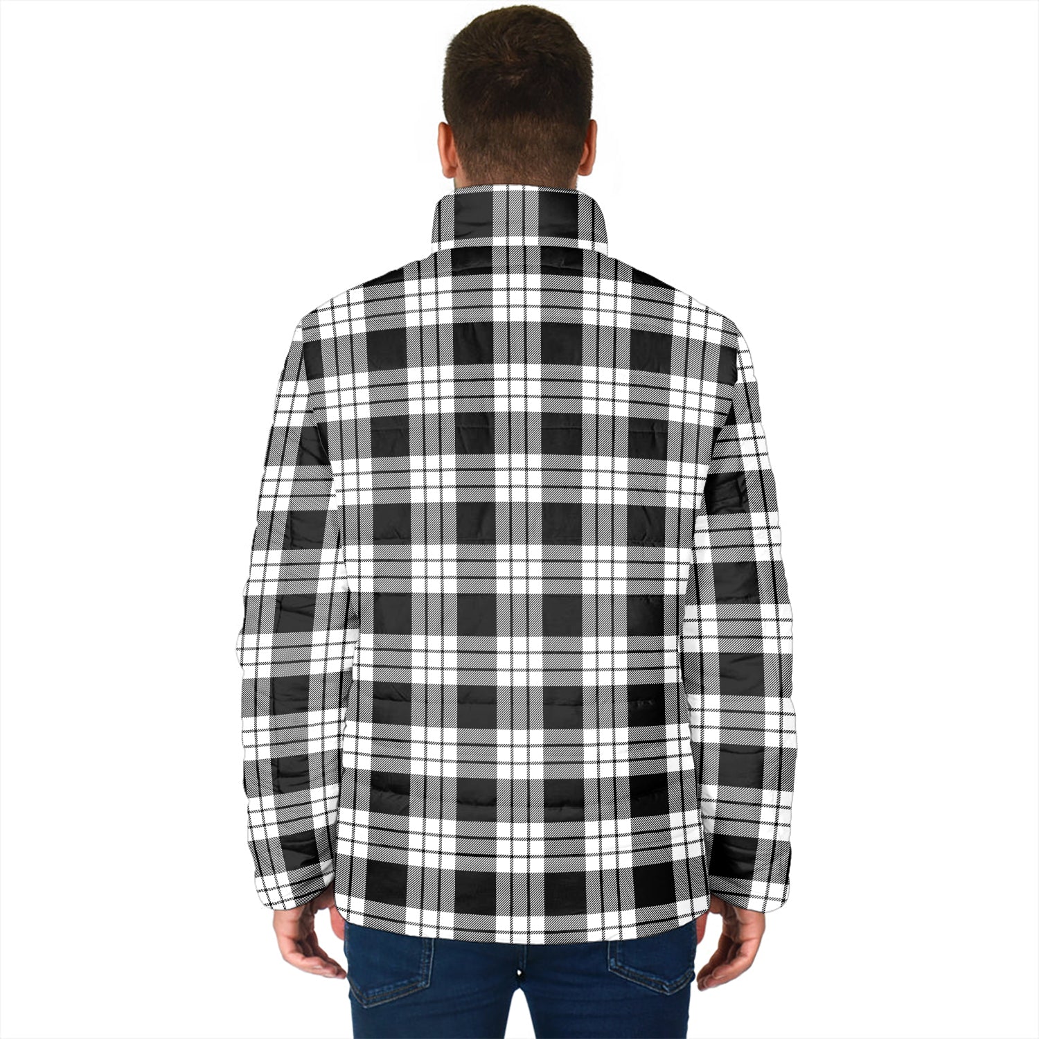 MacFarlane Black White Tartan Padded Jacket with Family Crest - Tartan Vibes Clothing