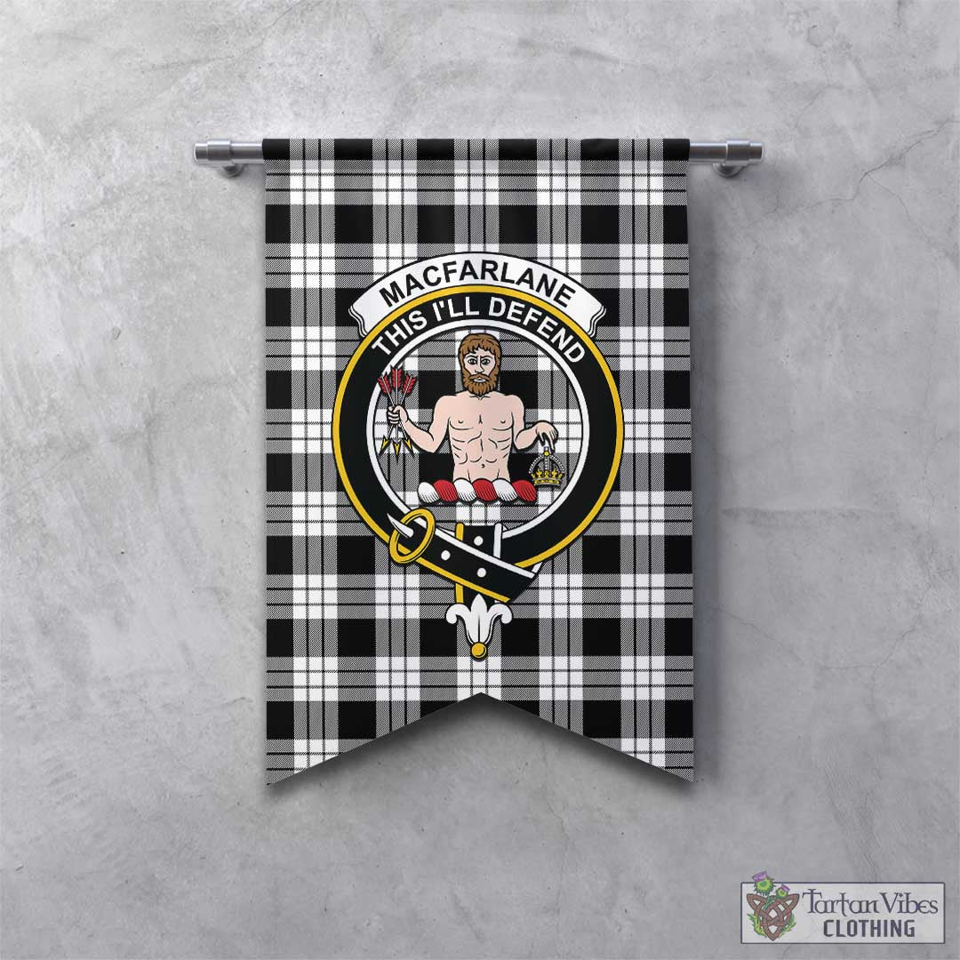 Tartan Vibes Clothing MacFarlane Black White Tartan Gonfalon, Tartan Banner with Family Crest