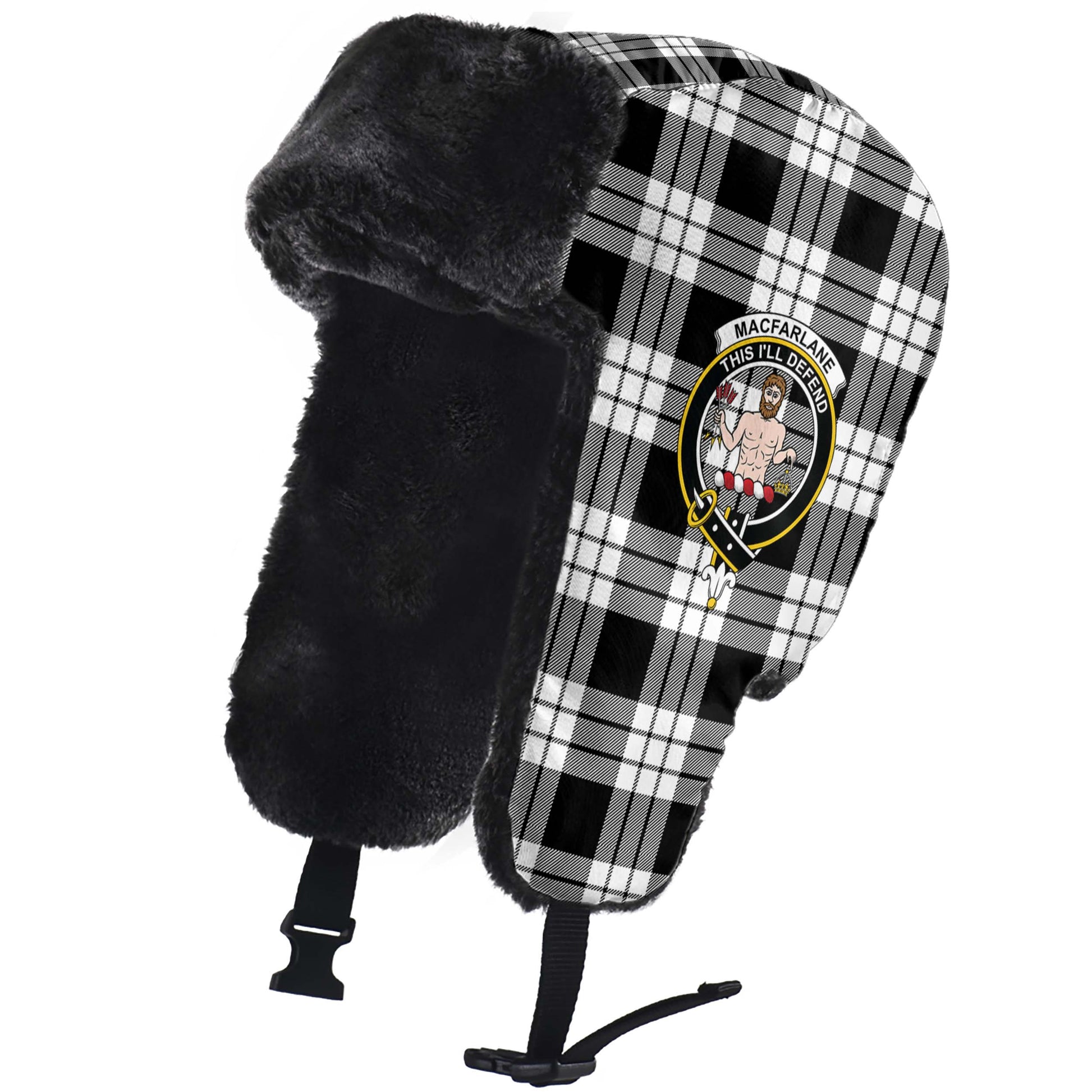 MacFarlane Black White Tartan Winter Trapper Hat with Family Crest - Tartanvibesclothing