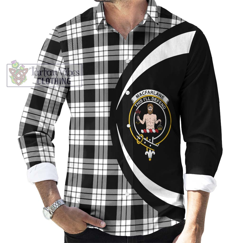 MacFarlane Black White Tartan Long Sleeve Button Up with Family Crest Circle Style - Tartan Vibes Clothing