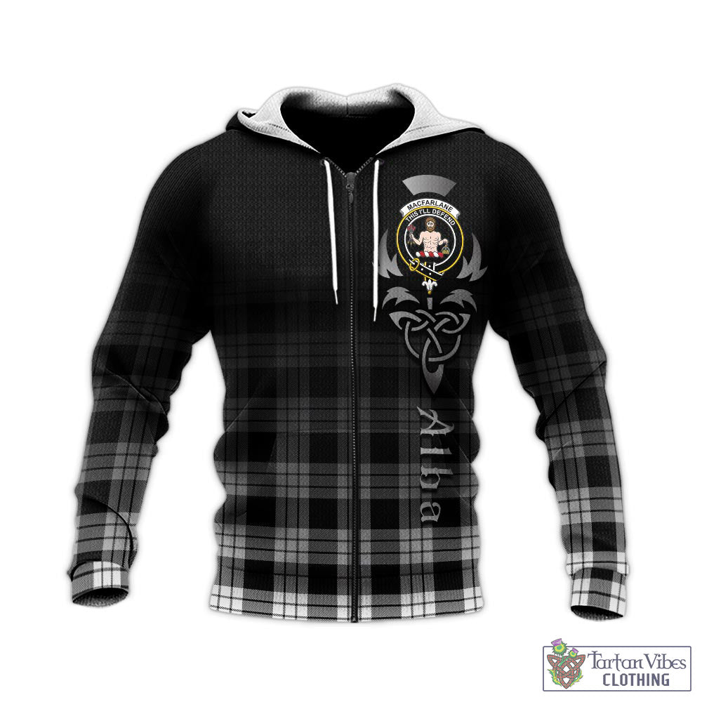 Tartan Vibes Clothing MacFarlane Black White Tartan Knitted Hoodie Featuring Alba Gu Brath Family Crest Celtic Inspired