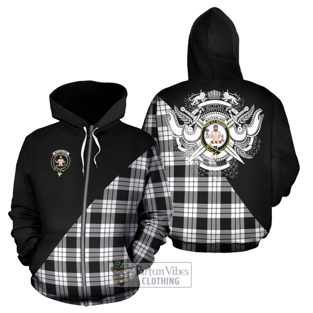 Tartan Vibes Clothing MacFarlane Black White Tartan Hoodie with Family Crest and Military Logo Style