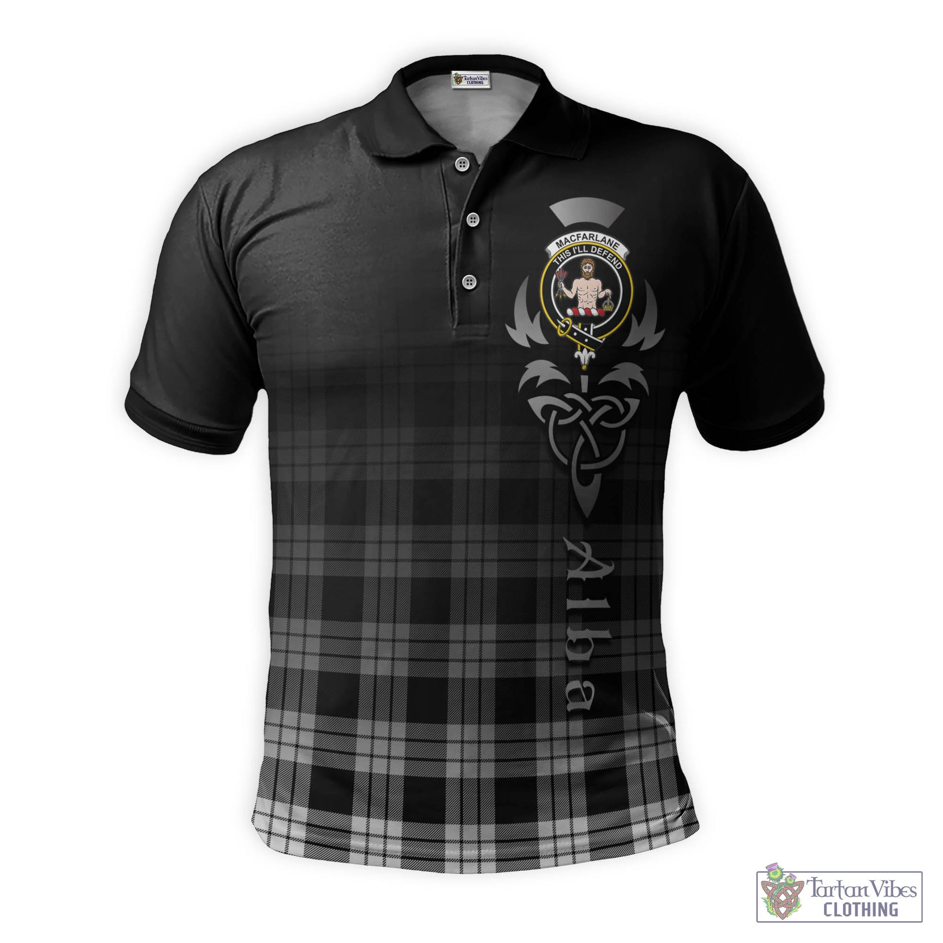 Tartan Vibes Clothing MacFarlane Black White Tartan Polo Shirt Featuring Alba Gu Brath Family Crest Celtic Inspired