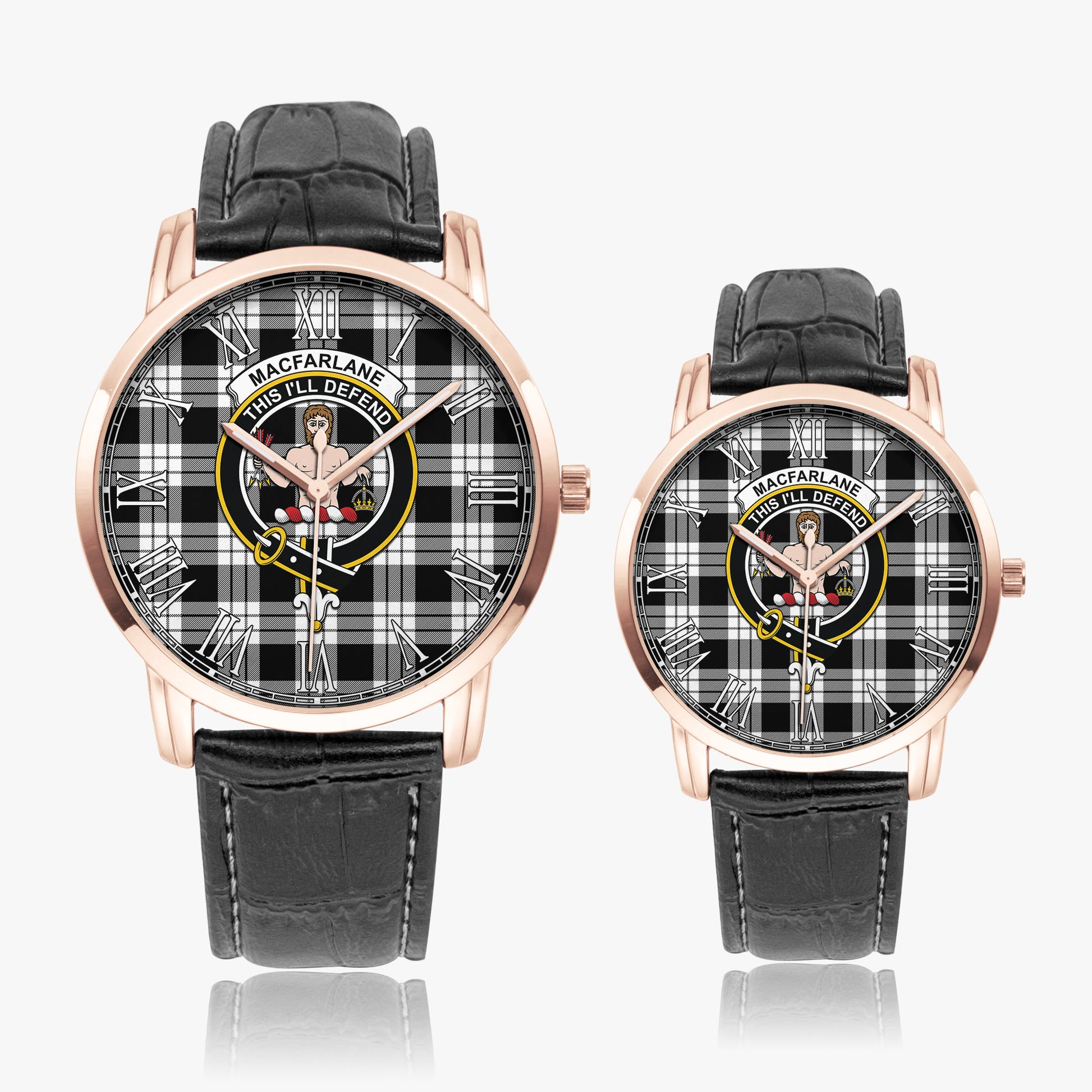 MacFarlane Black White Tartan Family Crest Leather Strap Quartz Watch - Tartanvibesclothing