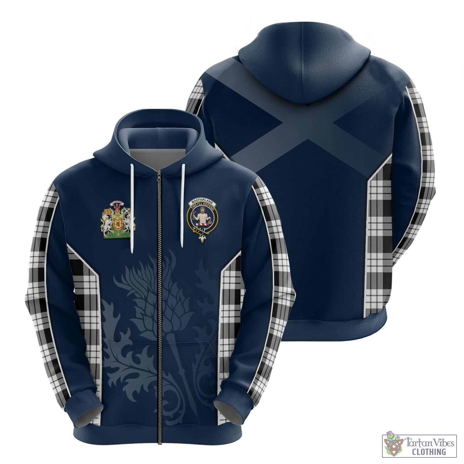 Tartan Vibes Clothing MacFarlane Black White Tartan Hoodie with Family Crest and Scottish Thistle Vibes Sport Style