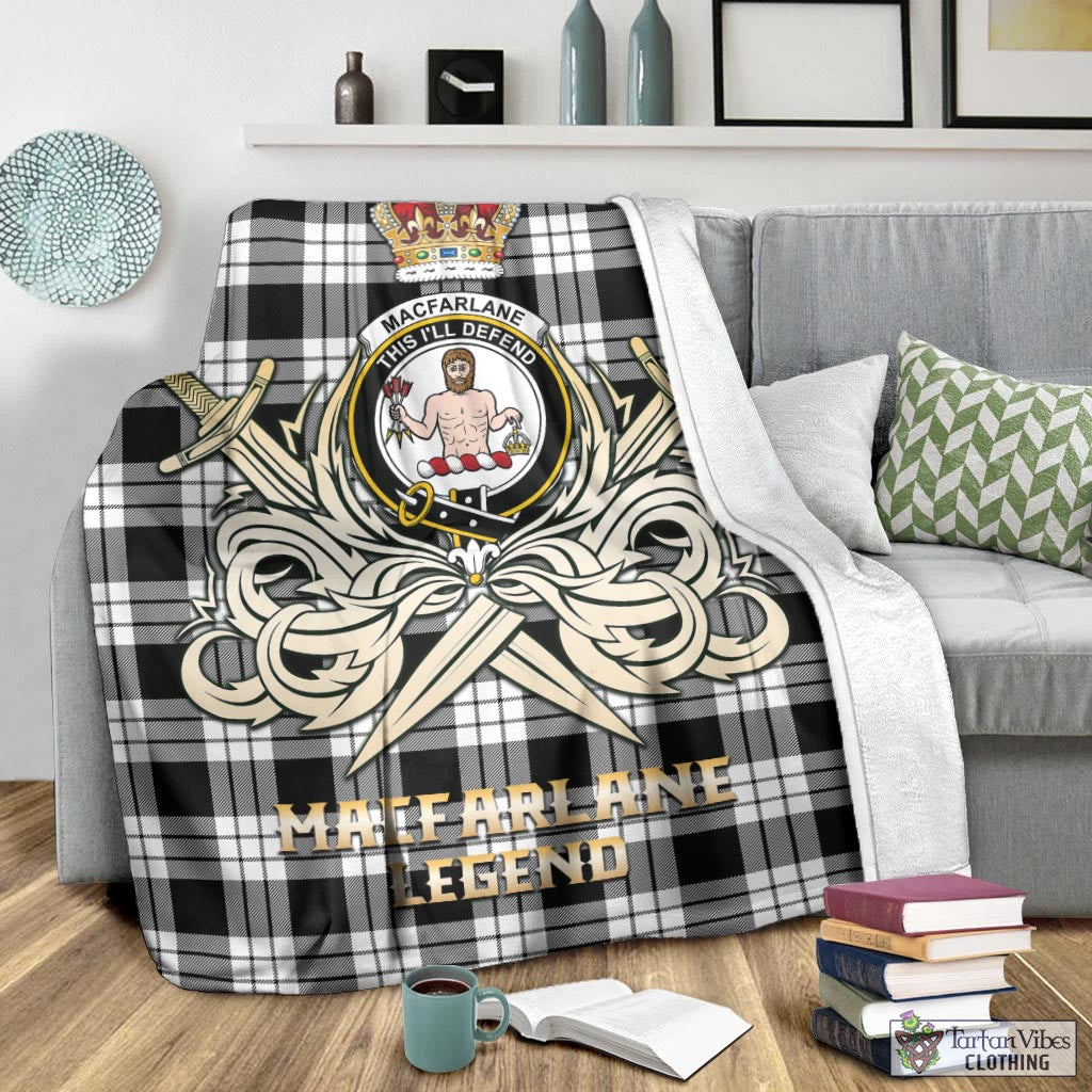 Tartan Vibes Clothing MacFarlane Black White Tartan Blanket with Clan Crest and the Golden Sword of Courageous Legacy