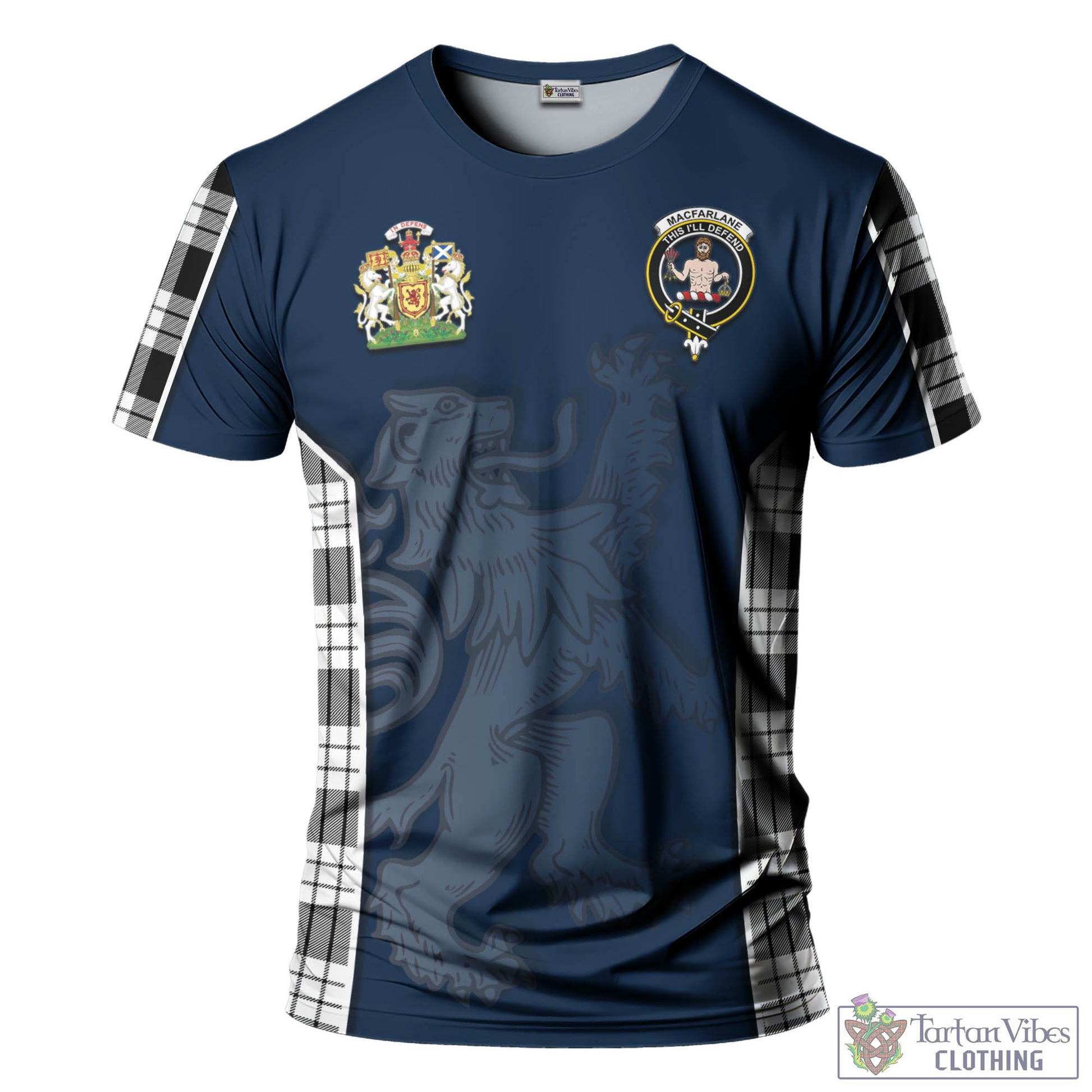 Tartan Vibes Clothing MacFarlane Black White Tartan T-Shirt with Family Crest and Lion Rampant Vibes Sport Style