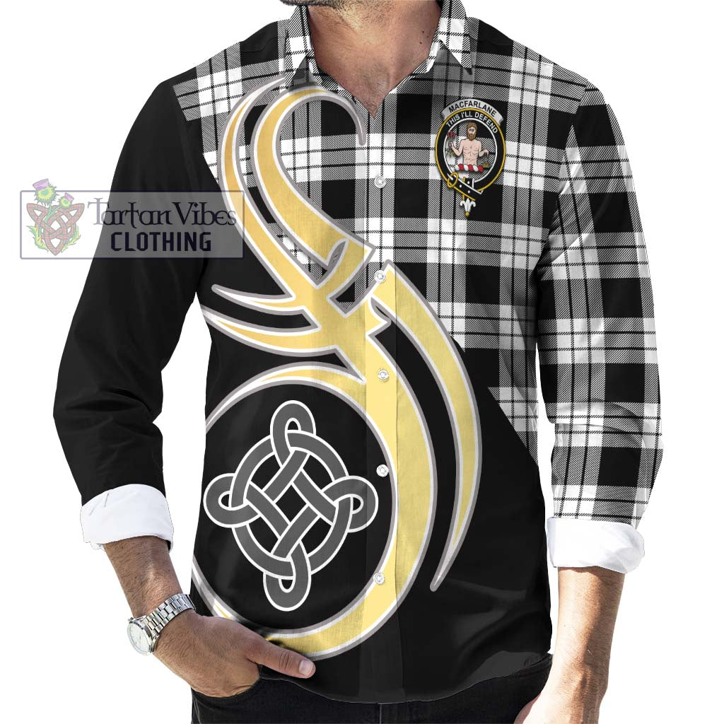 MacFarlane Black White Tartan Long Sleeve Button Shirt with Family Crest and Celtic Symbol Style - Tartan Vibes Clothing