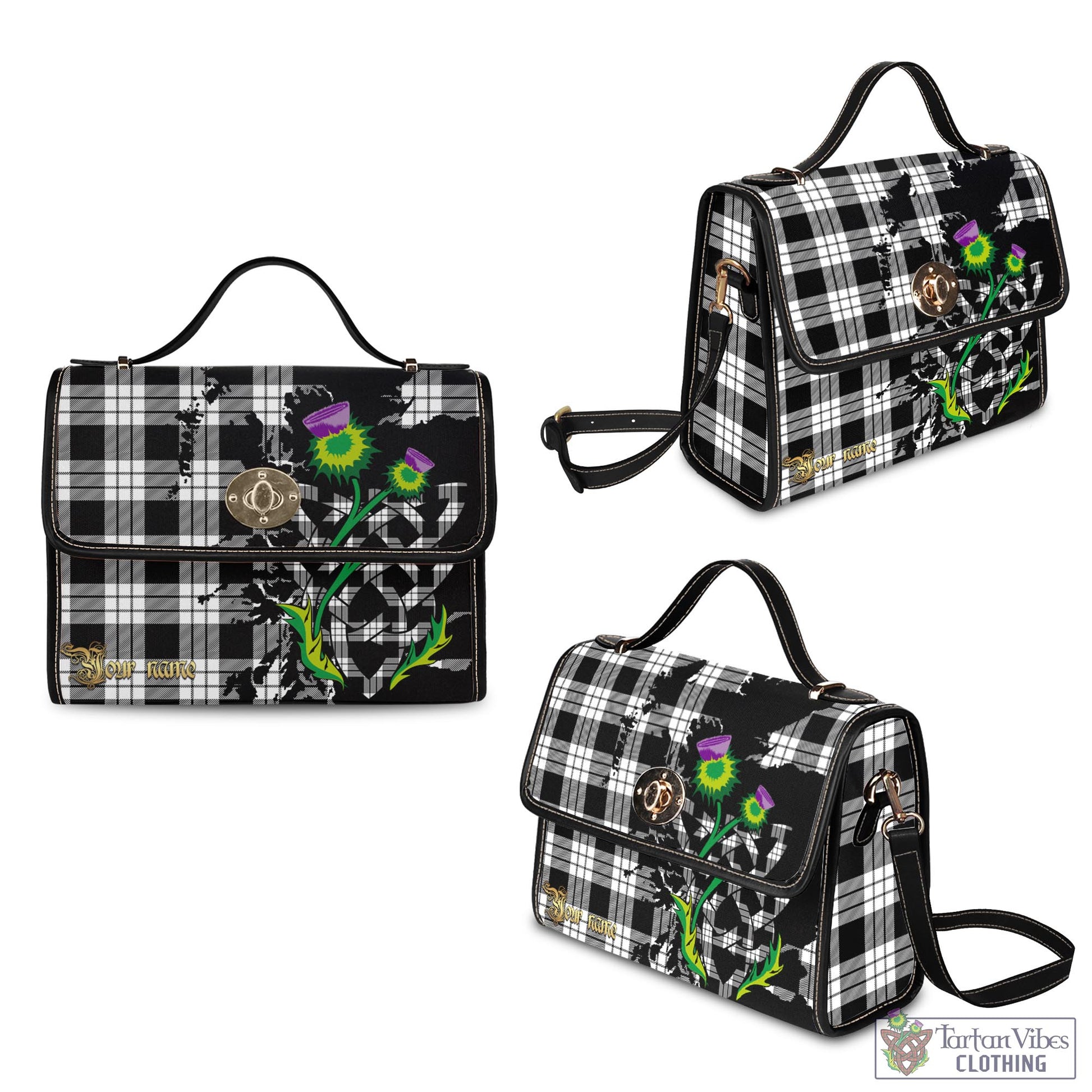 Tartan Vibes Clothing MacFarlane Black White Tartan Waterproof Canvas Bag with Scotland Map and Thistle Celtic Accents