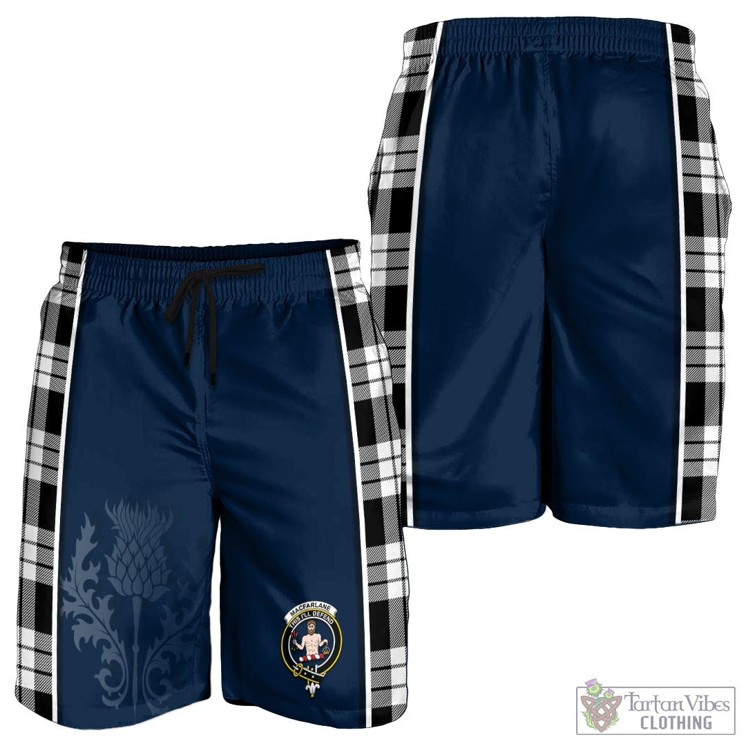 Tartan Vibes Clothing MacFarlane Black White Tartan Men's Shorts with Family Crest and Scottish Thistle Vibes Sport Style