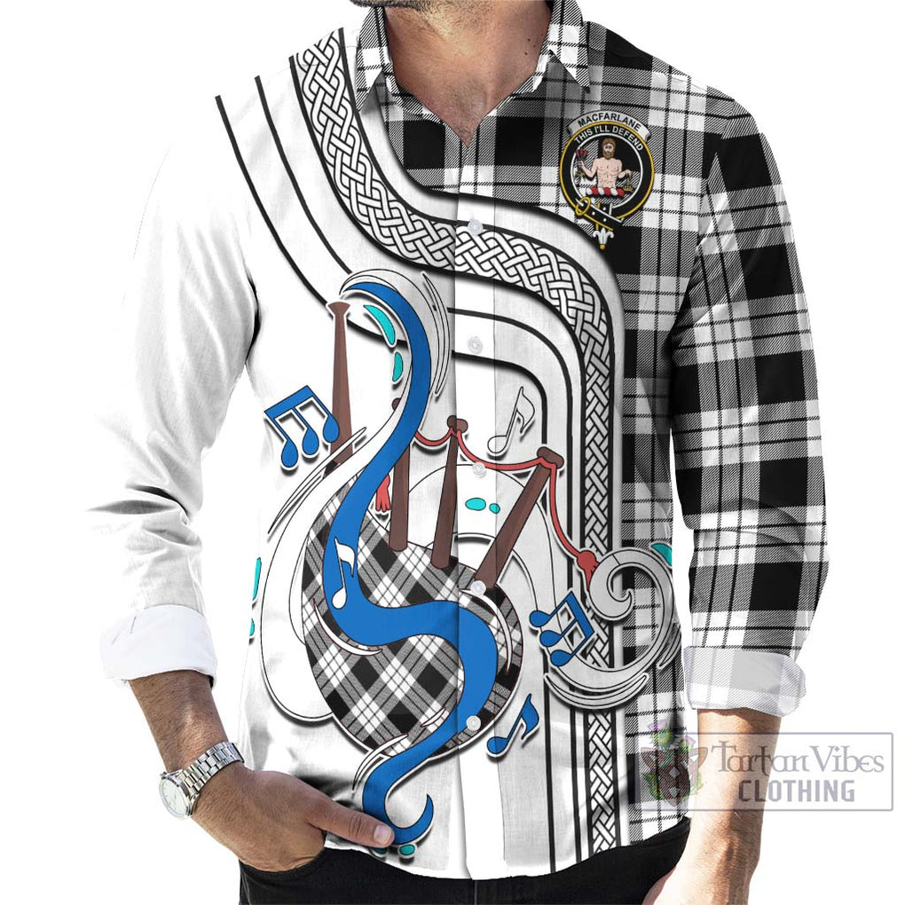 MacFarlane Black White Tartan Long Sleeve Button Shirt with Epic Bagpipe Style - Tartanvibesclothing Shop