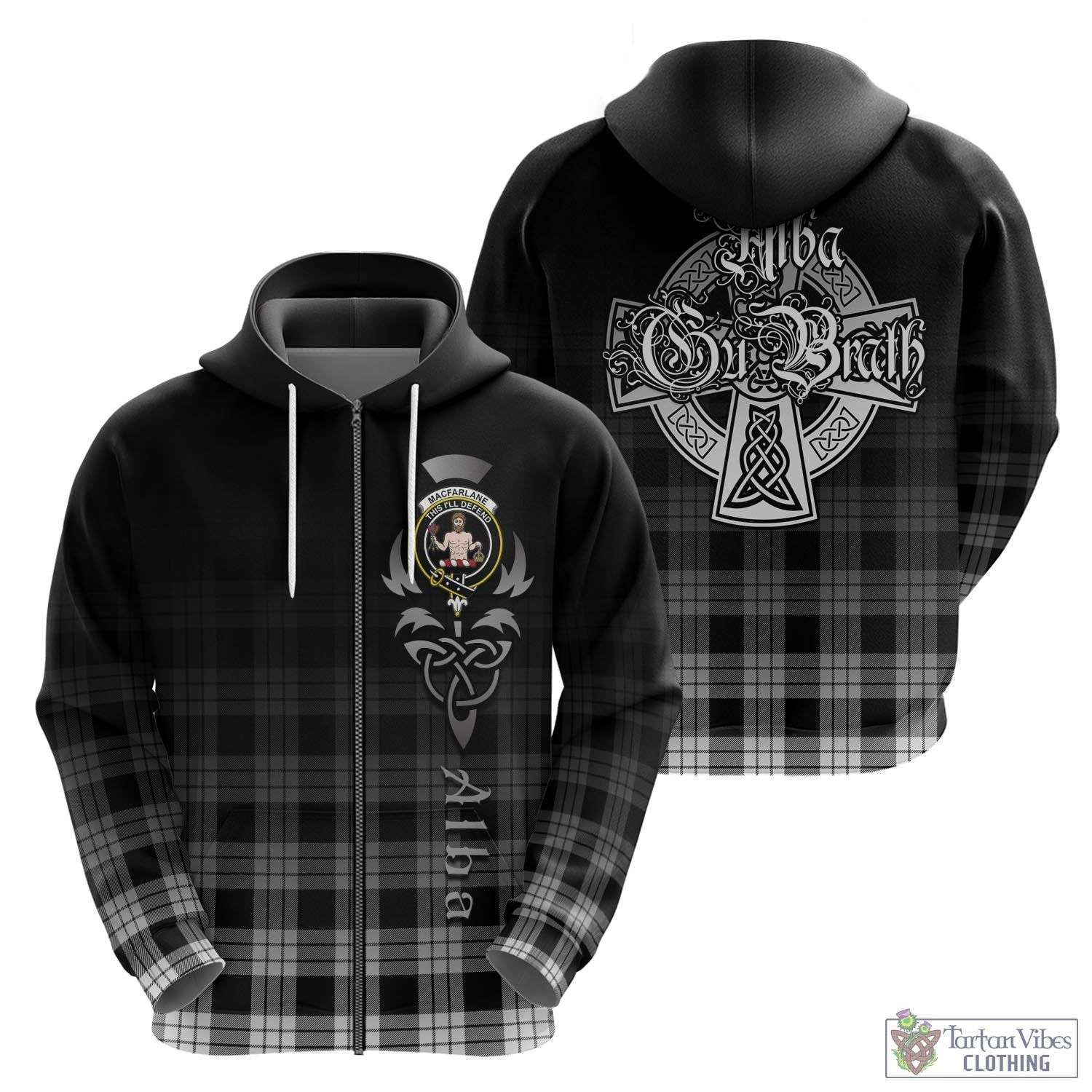 Tartan Vibes Clothing MacFarlane Black White Tartan Hoodie Featuring Alba Gu Brath Family Crest Celtic Inspired