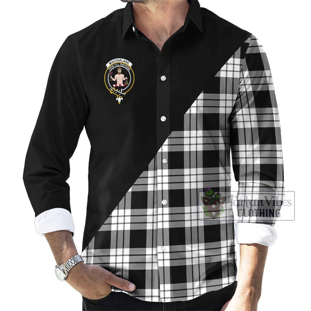 MacFarlane Black White Tartan Long Sleeve Button Shirt with Family Crest and Military Logo Style - Tartanvibesclothing Shop