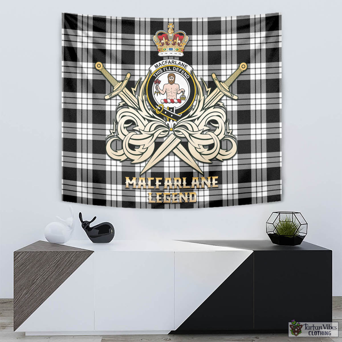 Tartan Vibes Clothing MacFarlane Black White Tartan Tapestry with Clan Crest and the Golden Sword of Courageous Legacy