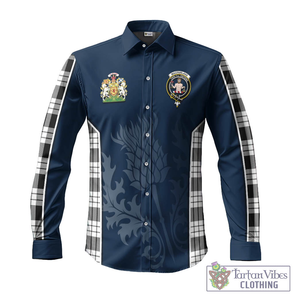 Tartan Vibes Clothing MacFarlane Black White Tartan Long Sleeve Button Up Shirt with Family Crest and Scottish Thistle Vibes Sport Style