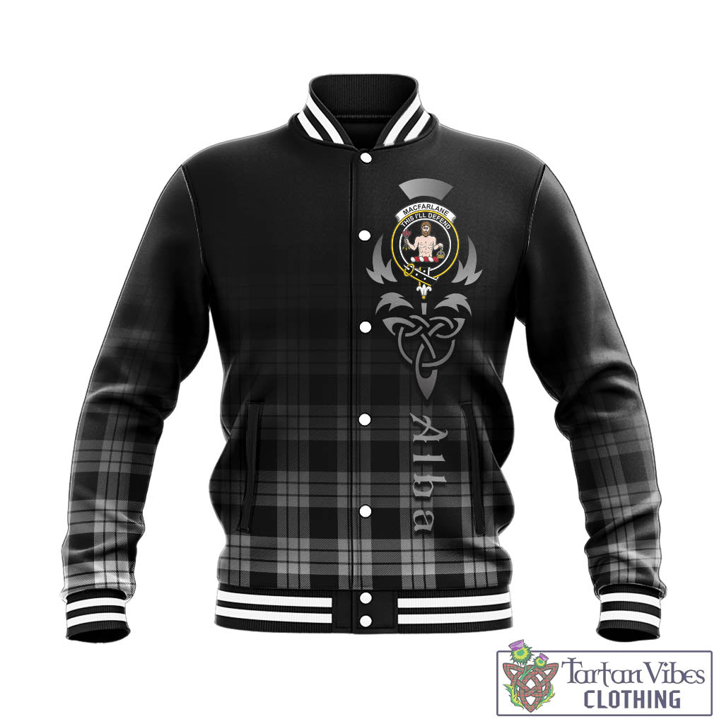 Tartan Vibes Clothing MacFarlane Black White Tartan Baseball Jacket Featuring Alba Gu Brath Family Crest Celtic Inspired