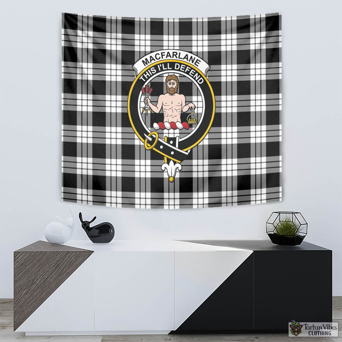 Tartan Vibes Clothing MacFarlane Black White Tartan Tapestry Wall Hanging and Home Decor for Room with Family Crest