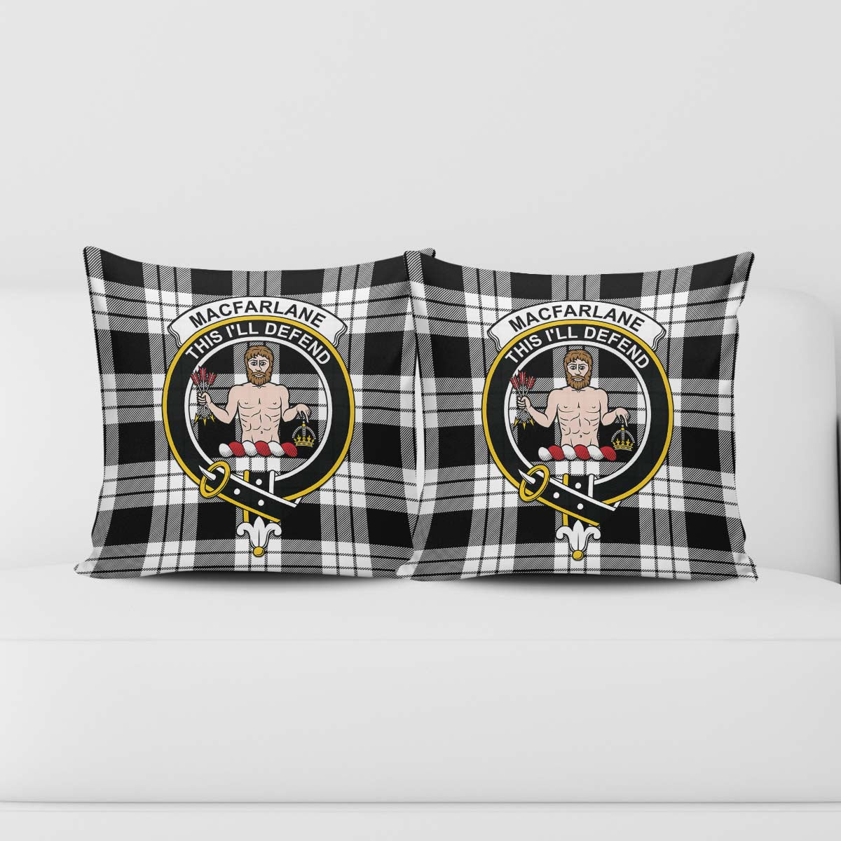 MacFarlane Black White Tartan Pillow Cover with Family Crest - Tartanvibesclothing