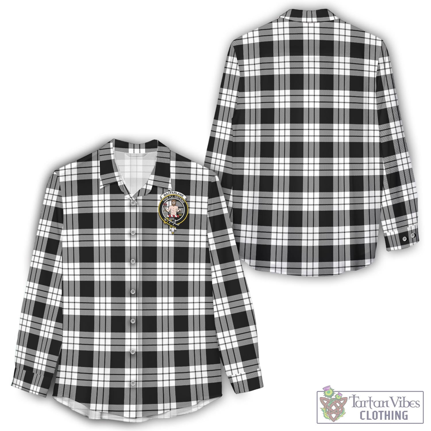 Tartan Vibes Clothing MacFarlane Black White Tartan Womens Casual Shirt with Family Crest