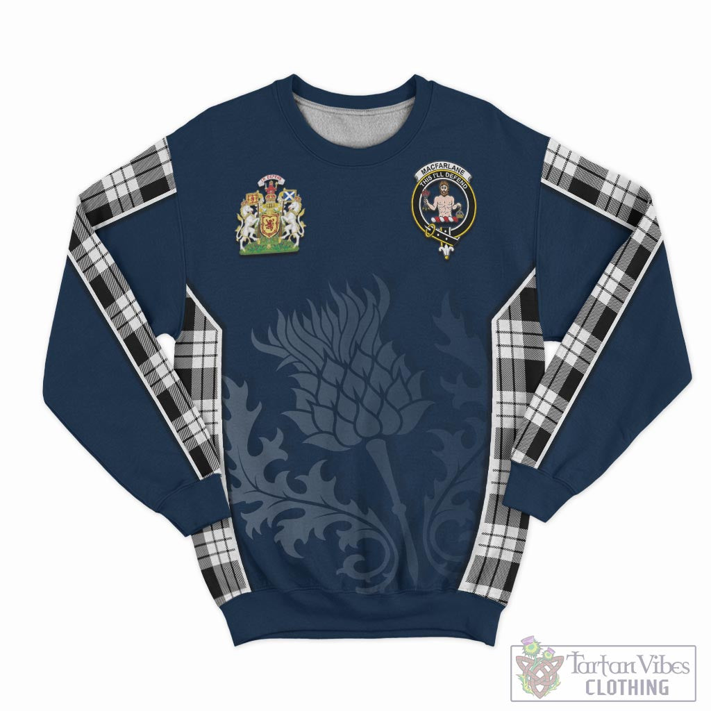 Tartan Vibes Clothing MacFarlane Black White Tartan Sweatshirt with Family Crest and Scottish Thistle Vibes Sport Style