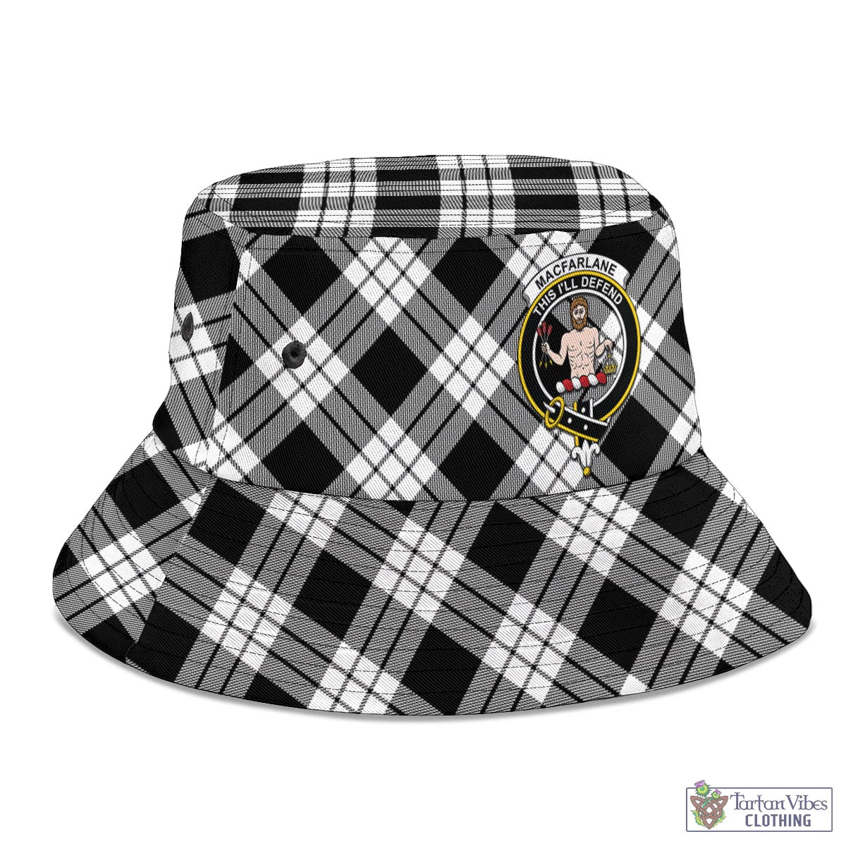 Tartan Vibes Clothing MacFarlane Black White Tartan Bucket Hat with Family Crest