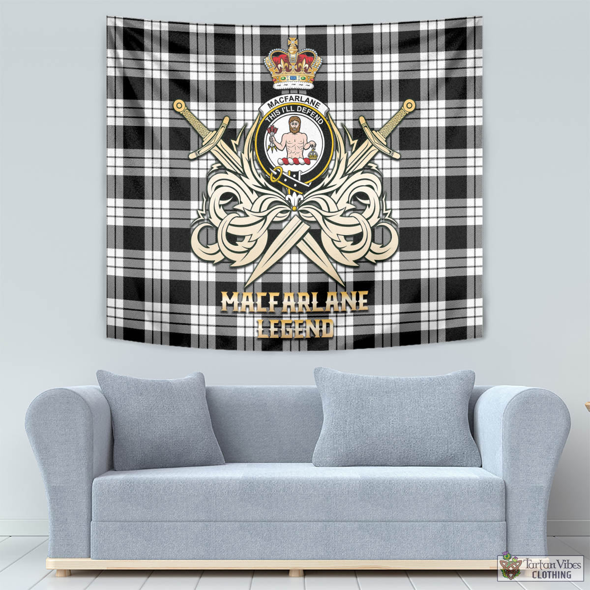 Tartan Vibes Clothing MacFarlane Black White Tartan Tapestry with Clan Crest and the Golden Sword of Courageous Legacy