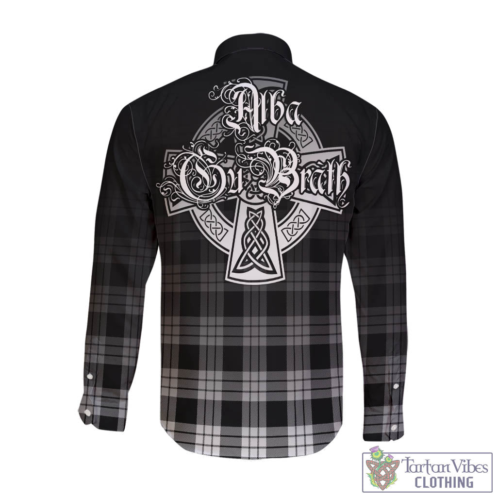 Tartan Vibes Clothing MacFarlane Black White Tartan Long Sleeve Button Up Featuring Alba Gu Brath Family Crest Celtic Inspired