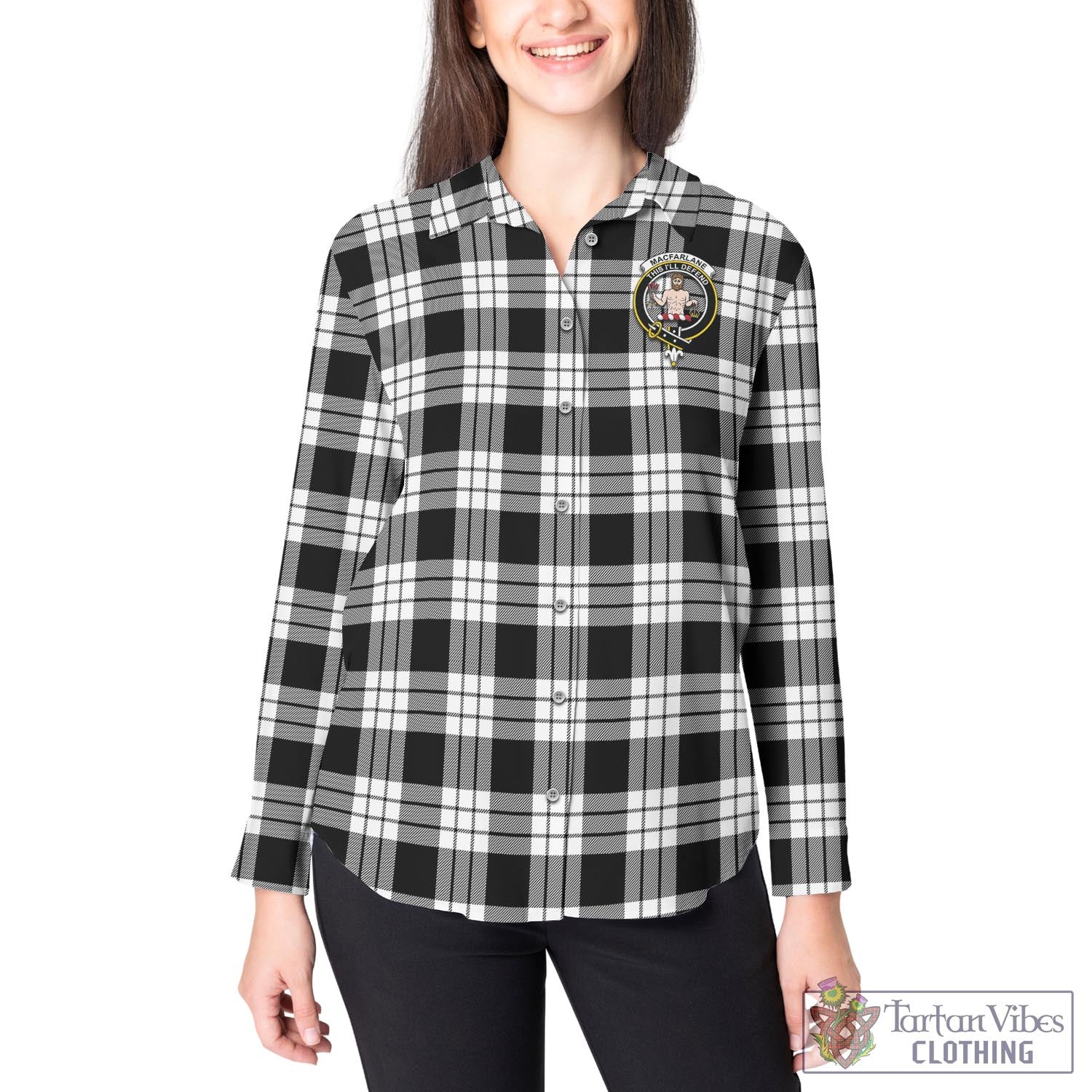 Tartan Vibes Clothing MacFarlane Black White Tartan Womens Casual Shirt with Family Crest