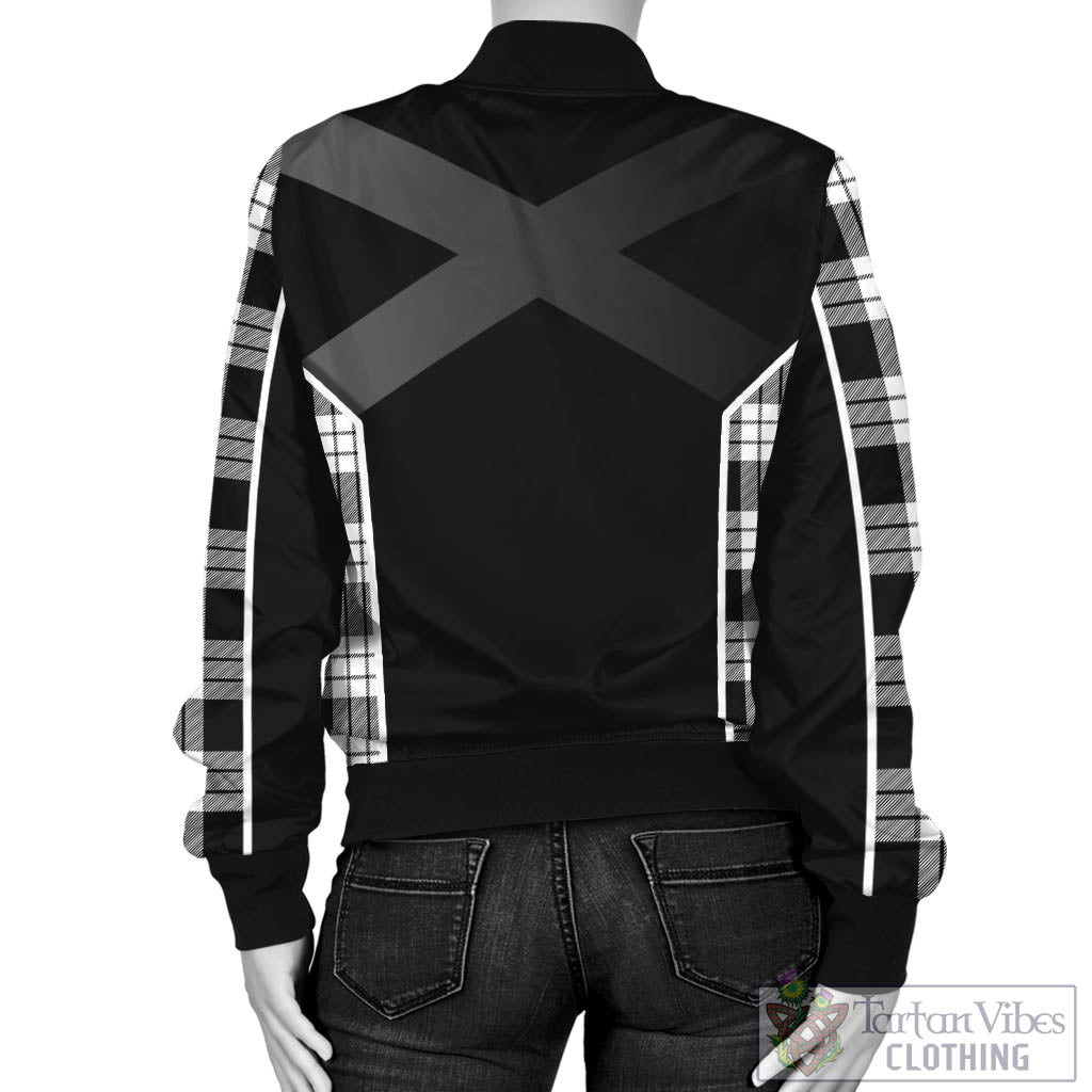 Tartan Vibes Clothing MacFarlane Black White Tartan Bomber Jacket with Family Crest and Scottish Thistle Vibes Sport Style