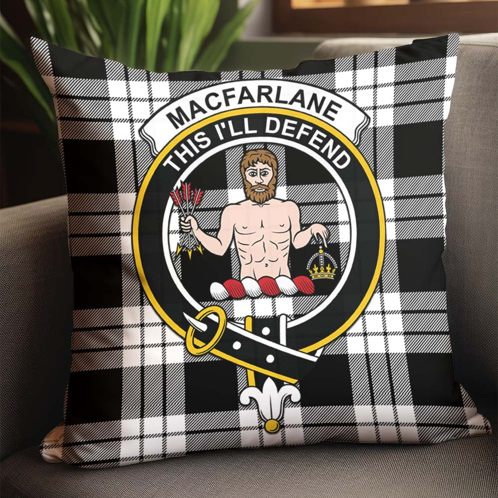 MacFarlane Black White Tartan Pillow Cover with Family Crest - Tartanvibesclothing