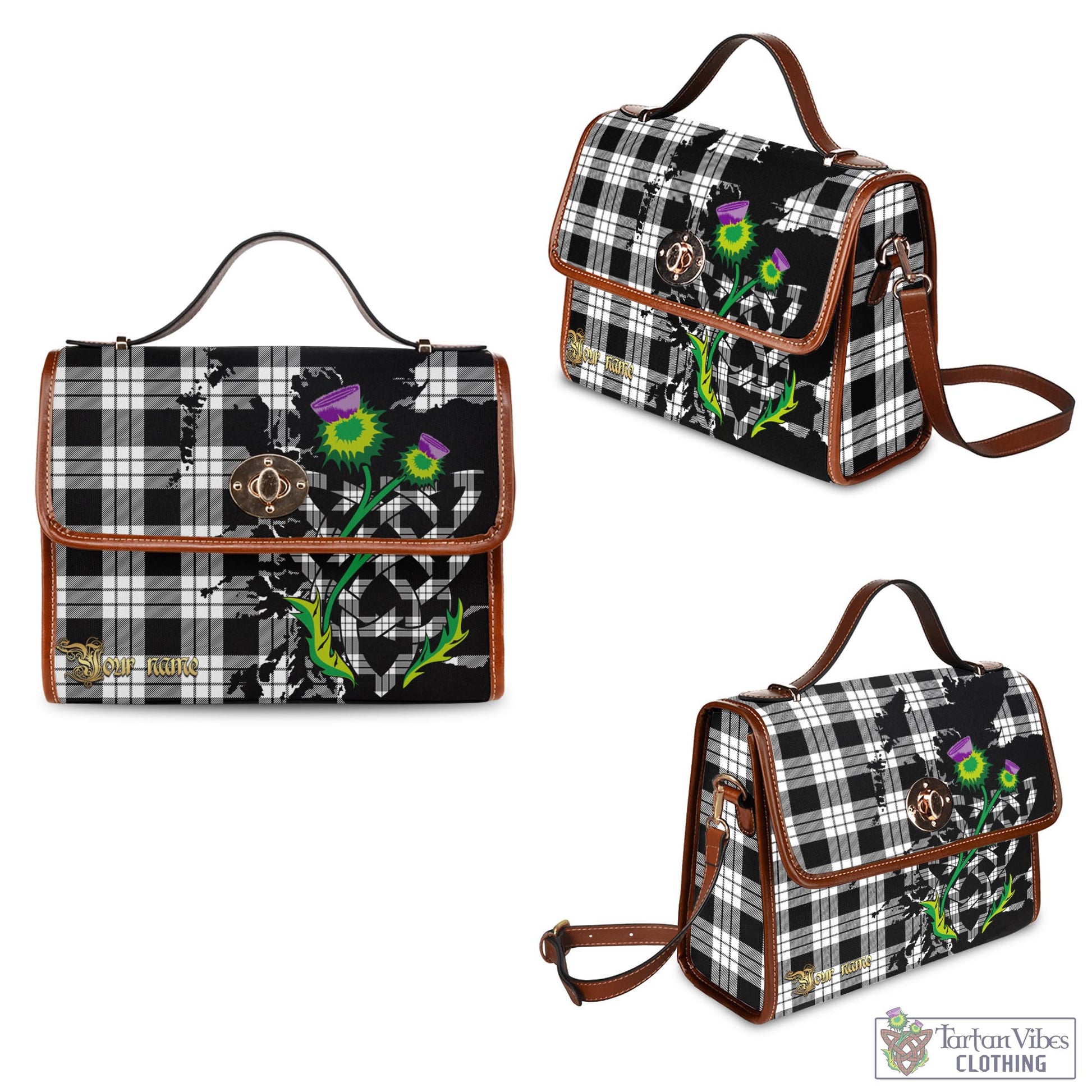 Tartan Vibes Clothing MacFarlane Black White Tartan Waterproof Canvas Bag with Scotland Map and Thistle Celtic Accents